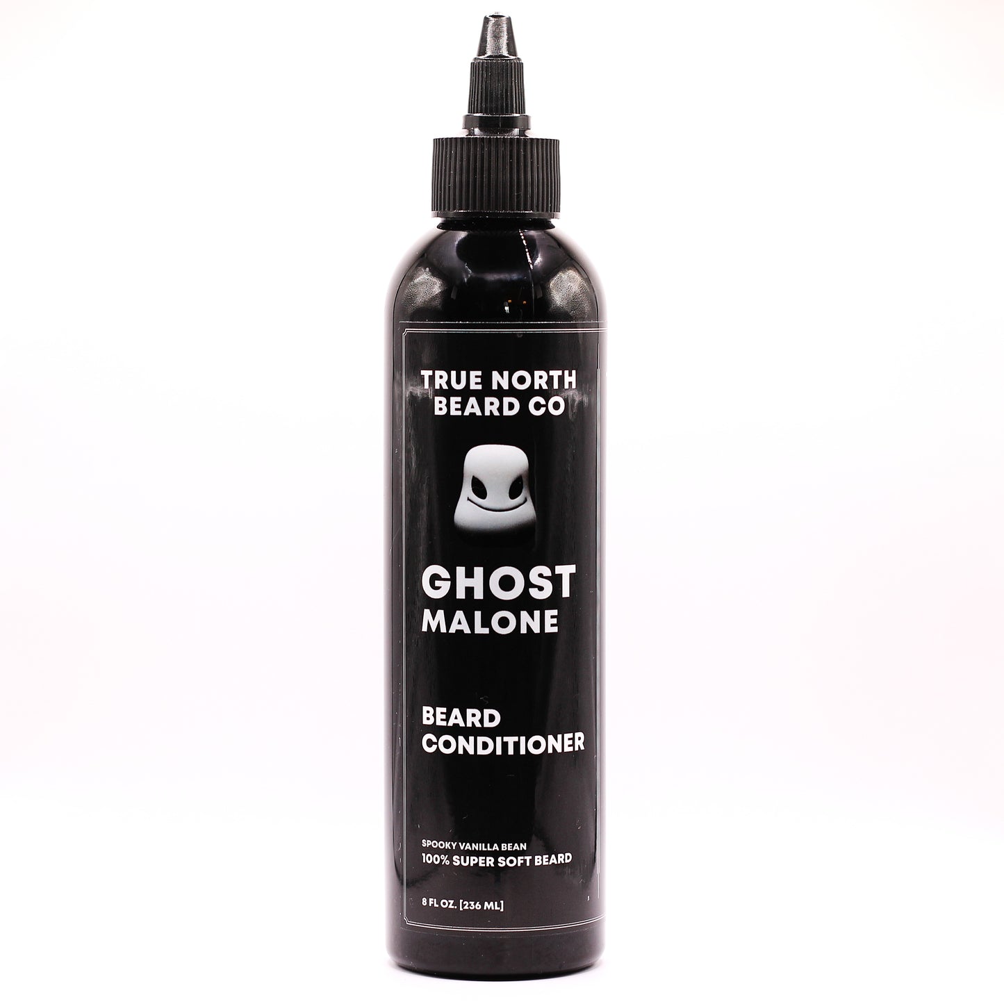 Black bottle of True North Beard Co. Ghost Malone Beard Conditioner on a white background