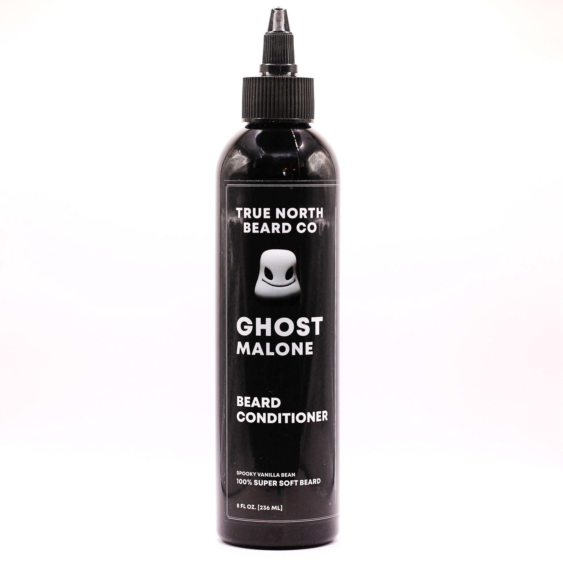 Black bottle of True North Beard Co. Ghost Malone Beard Conditioner on a white background